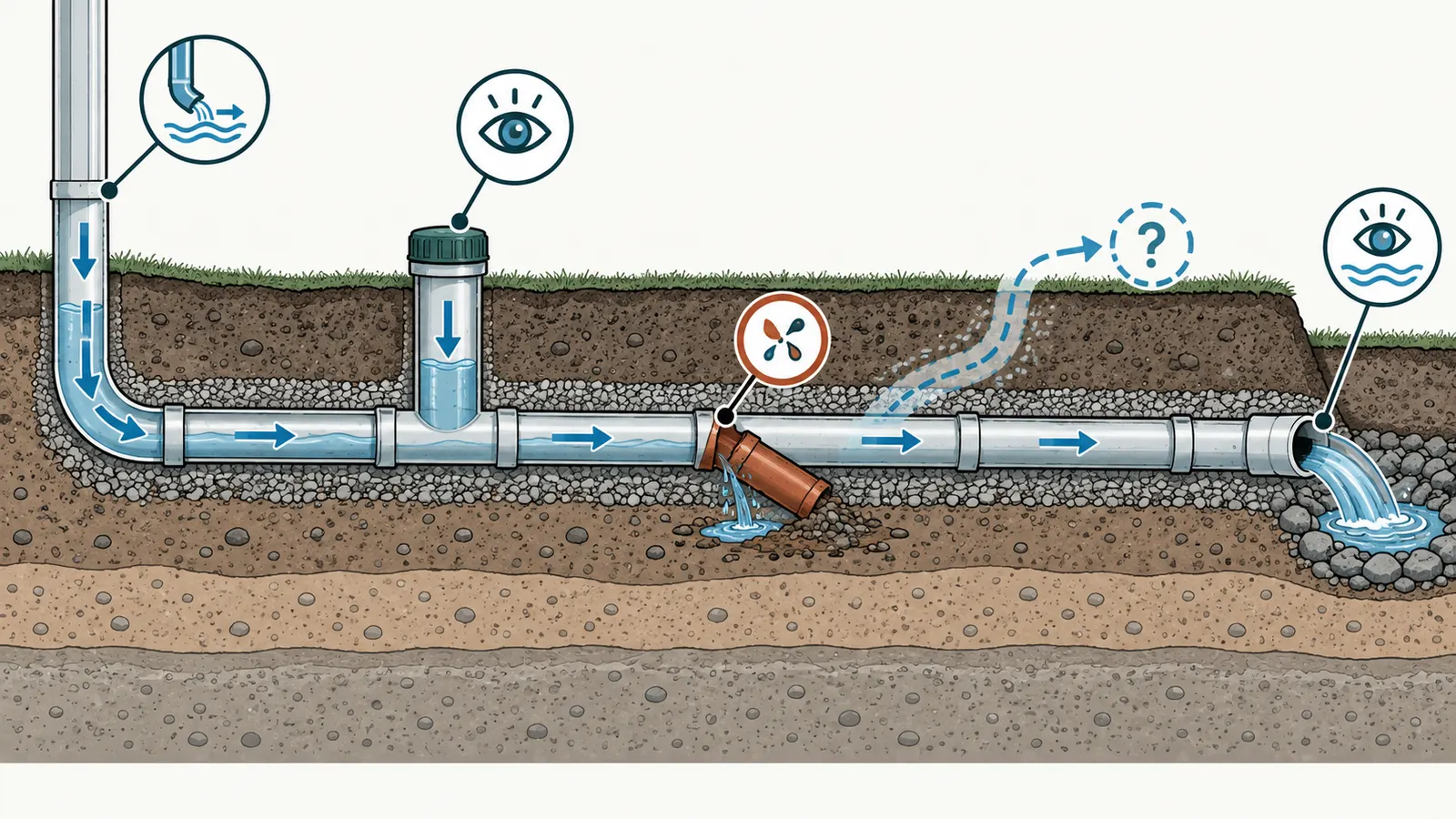 Buried downspout test cutaway showing inlet, pipe route, blockage and verified outlet