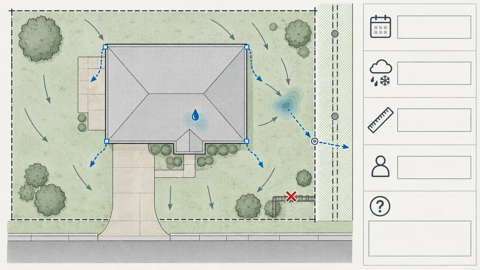 Annotated site sketch linking rain timing, first wet point, grade, outlet and access constraints