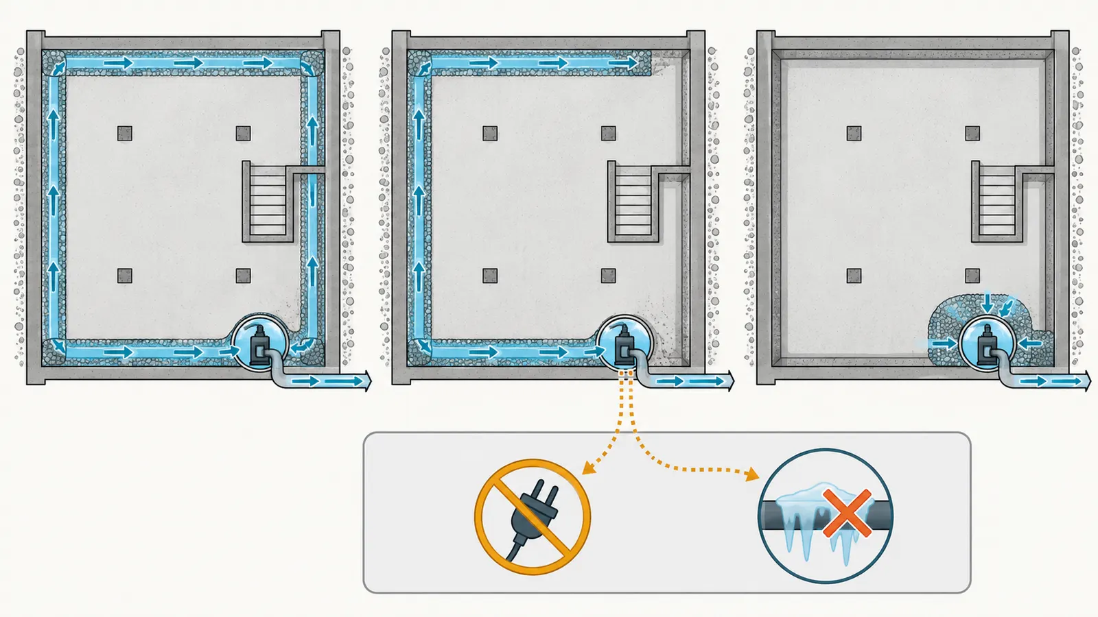Comparison of whole, partial and local foundation drain coverage feeding a sump