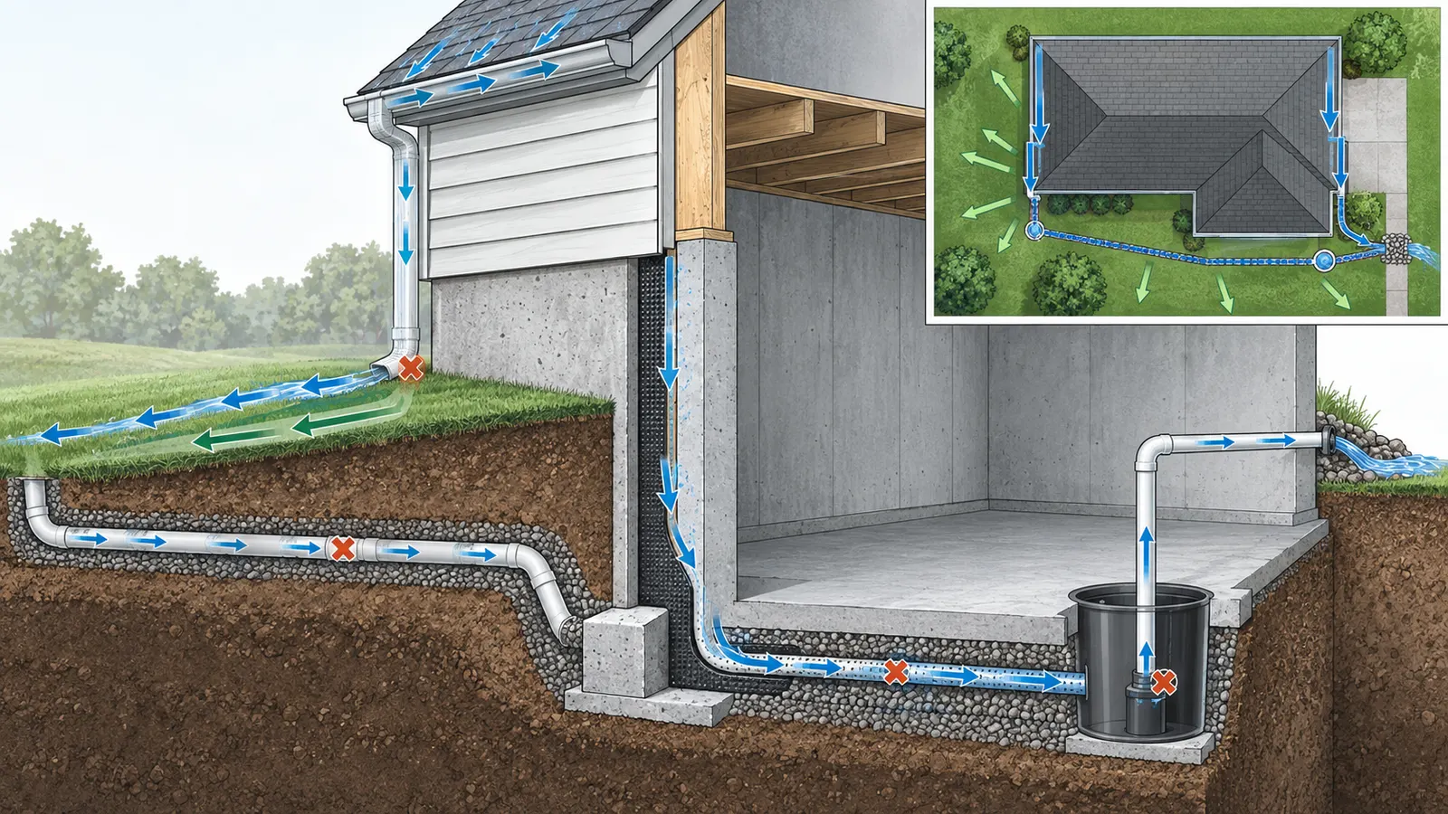 Diagram separating roof runoff, surface grade, buried downspout and foundation drainage paths