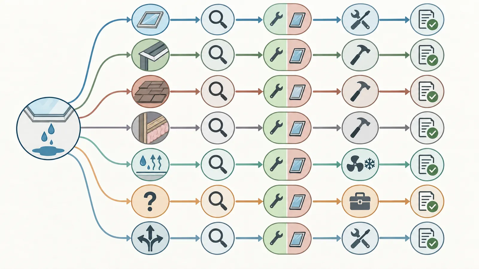 Decision map from skylight symptom to leak path, remedy scope, responsible professional, and handoff test
