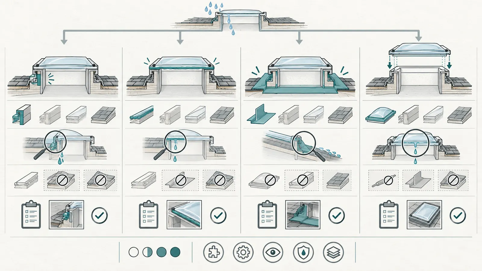 Comparison of sealant repair, re-flashing, roof correction, and skylight replacement by restored layers
