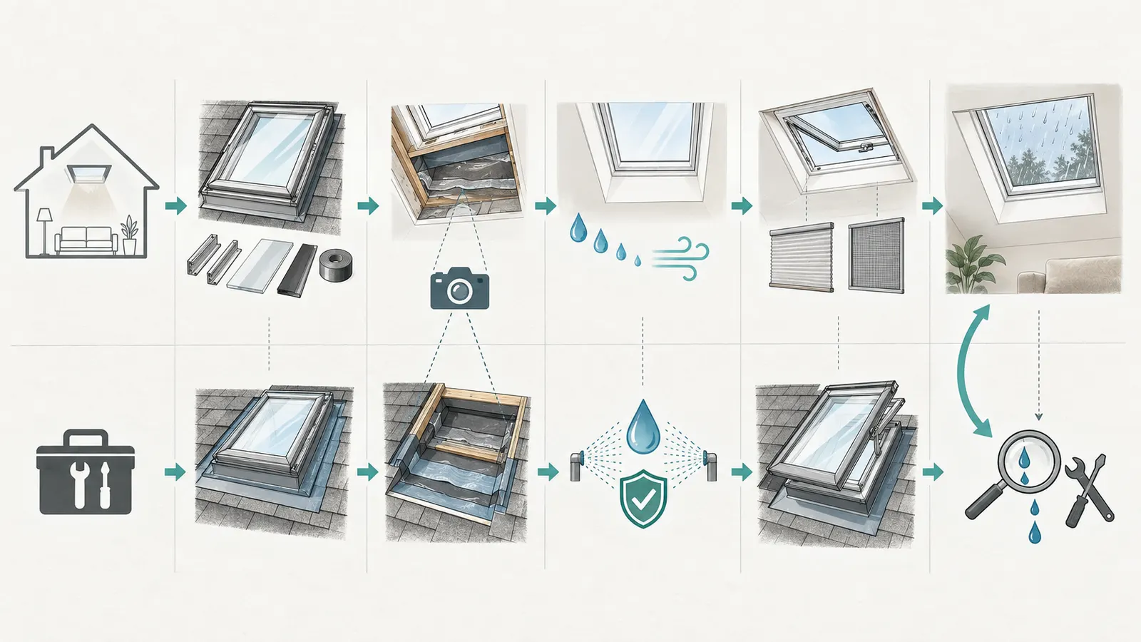 Handoff sequence from completed skylight work to controlled test, next-rain observation, and callback