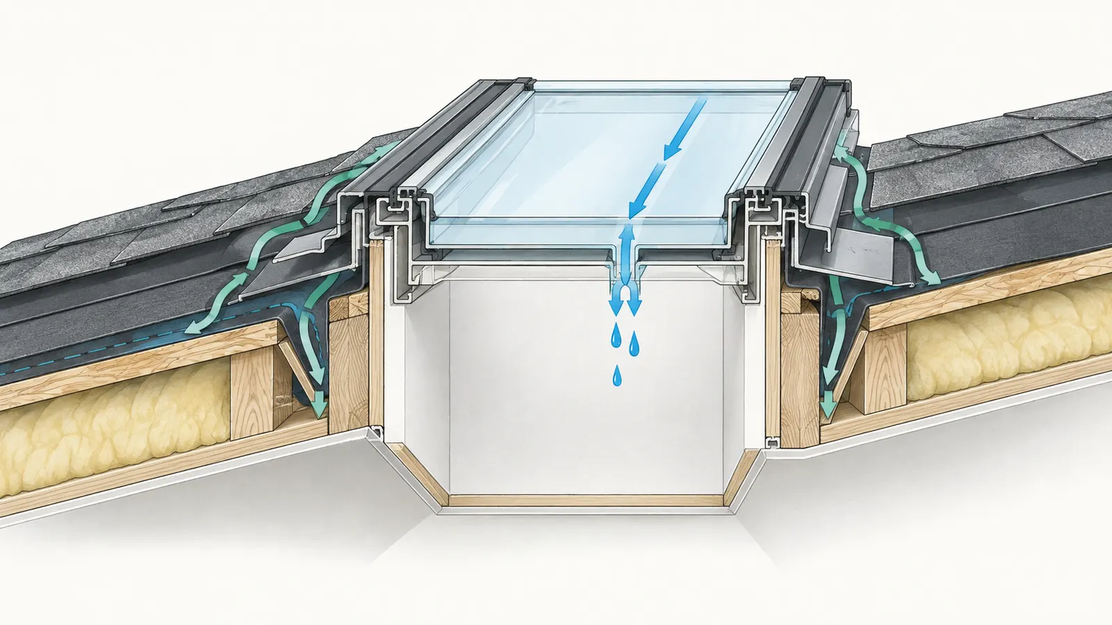 Cutaway showing skylight frame, flashing, underlayment, roof covering, sheathing, and interior finish