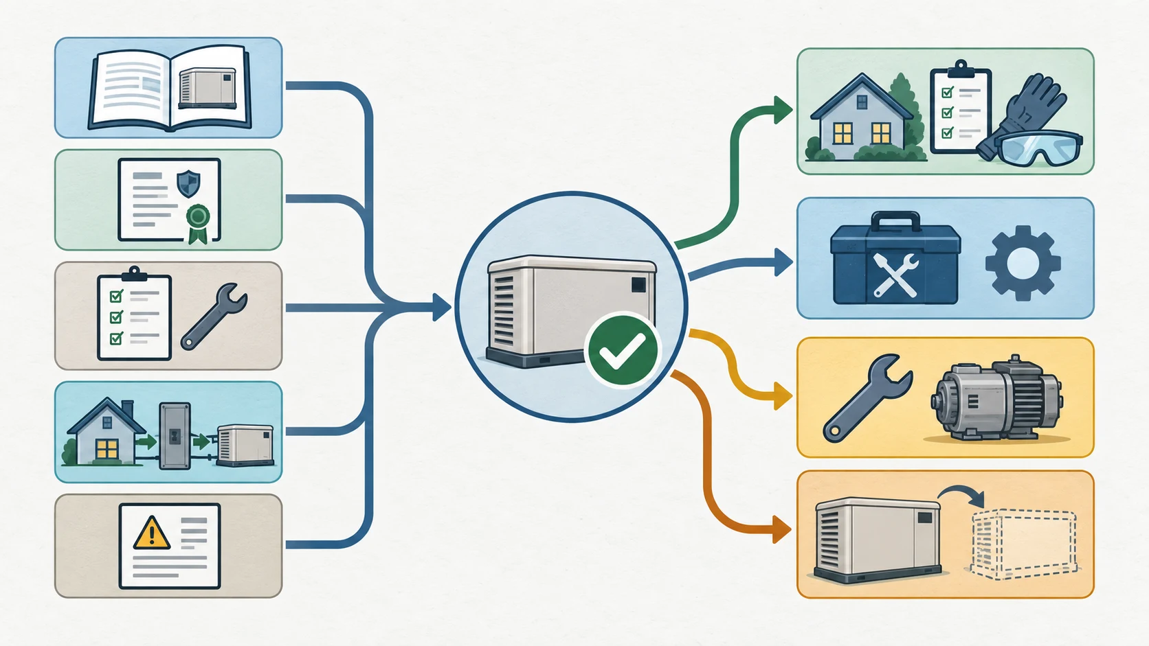 Decision map connecting generator records and qualified verification to preparation, service, repair or replacement planning