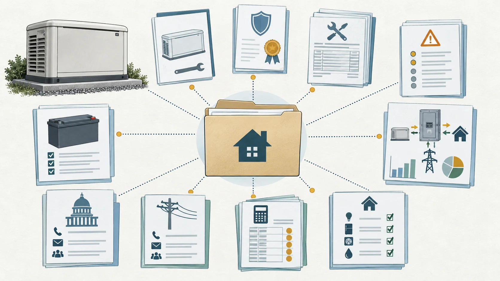 Handoff packet diagram showing a generator manual, warranty, service history, fault record, load list and local authority contacts