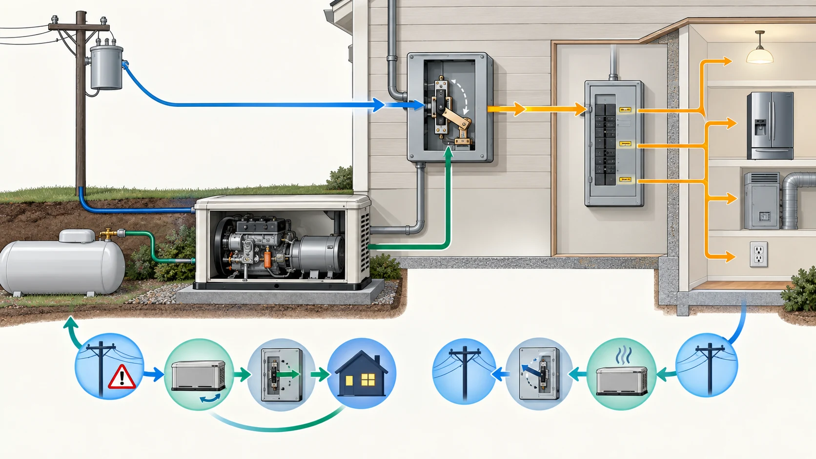 Technical cutaway of a standby generator, automatic transfer switch, selected home loads and utility return sequence