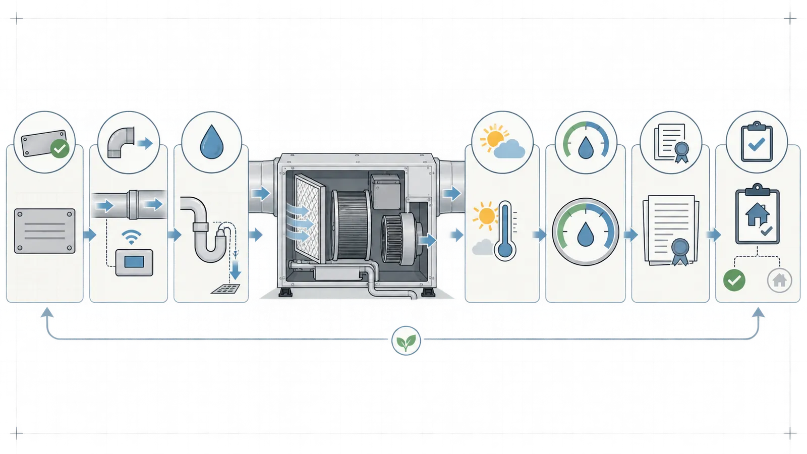 Installation handoff sequence linking the dehumidifier, ducts, control, condensate drain, electrical scope, and records.