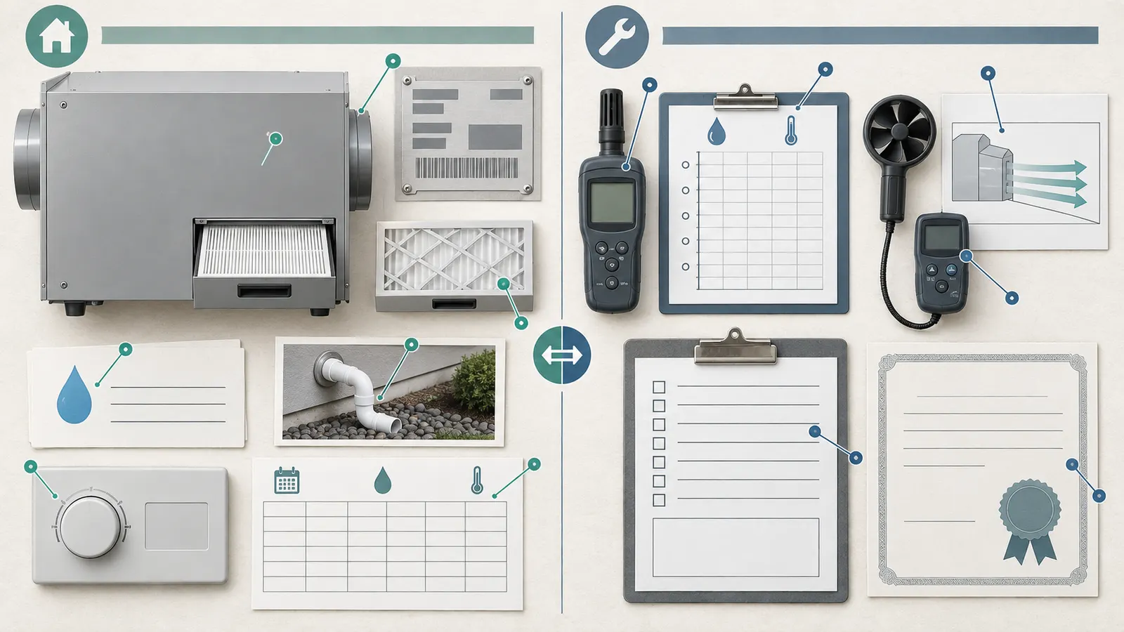 Homeowner evidence packet showing a model nameplate, RH log, control, filter access, drain, and moisture-source notes.