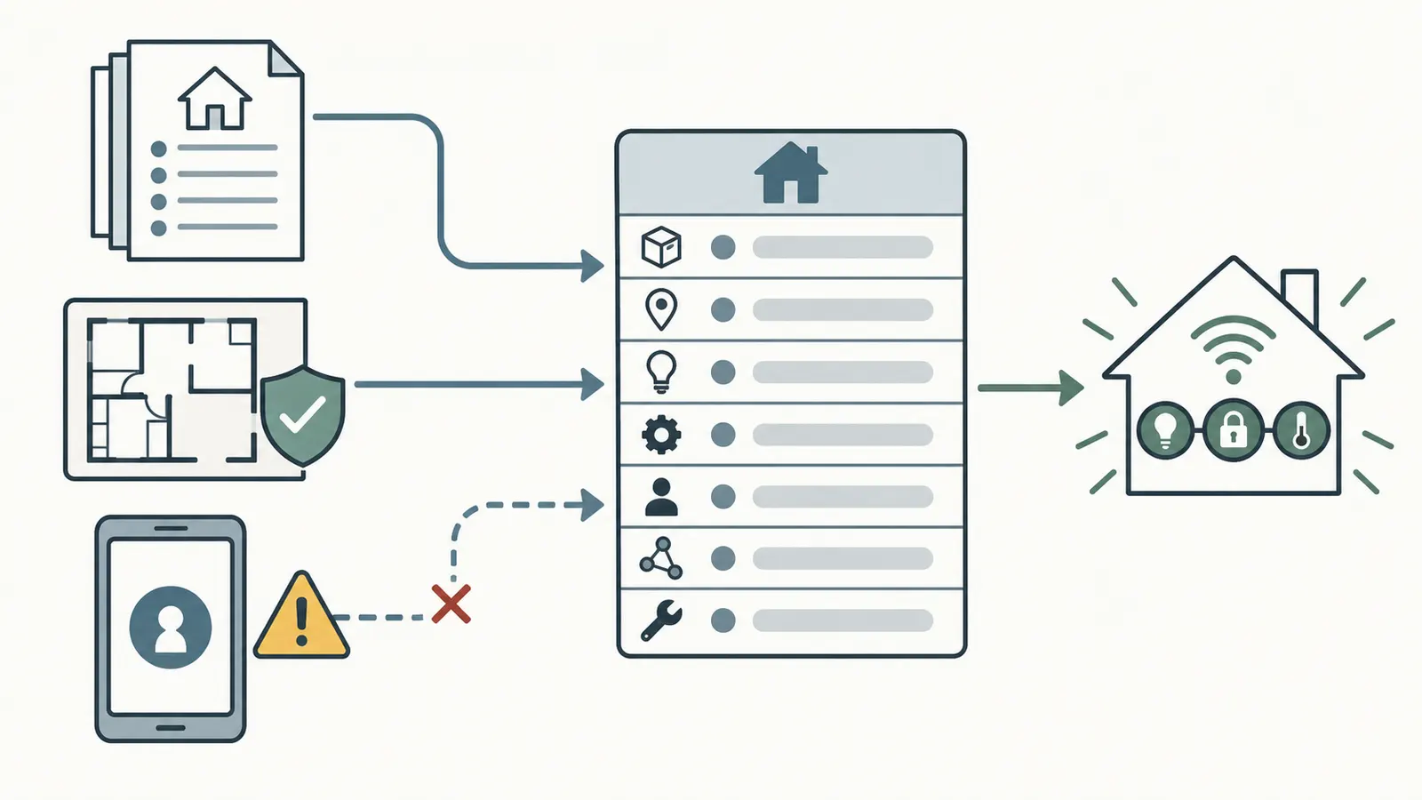 Reconciliation map joining documents, physical walk, and account screens into one device record