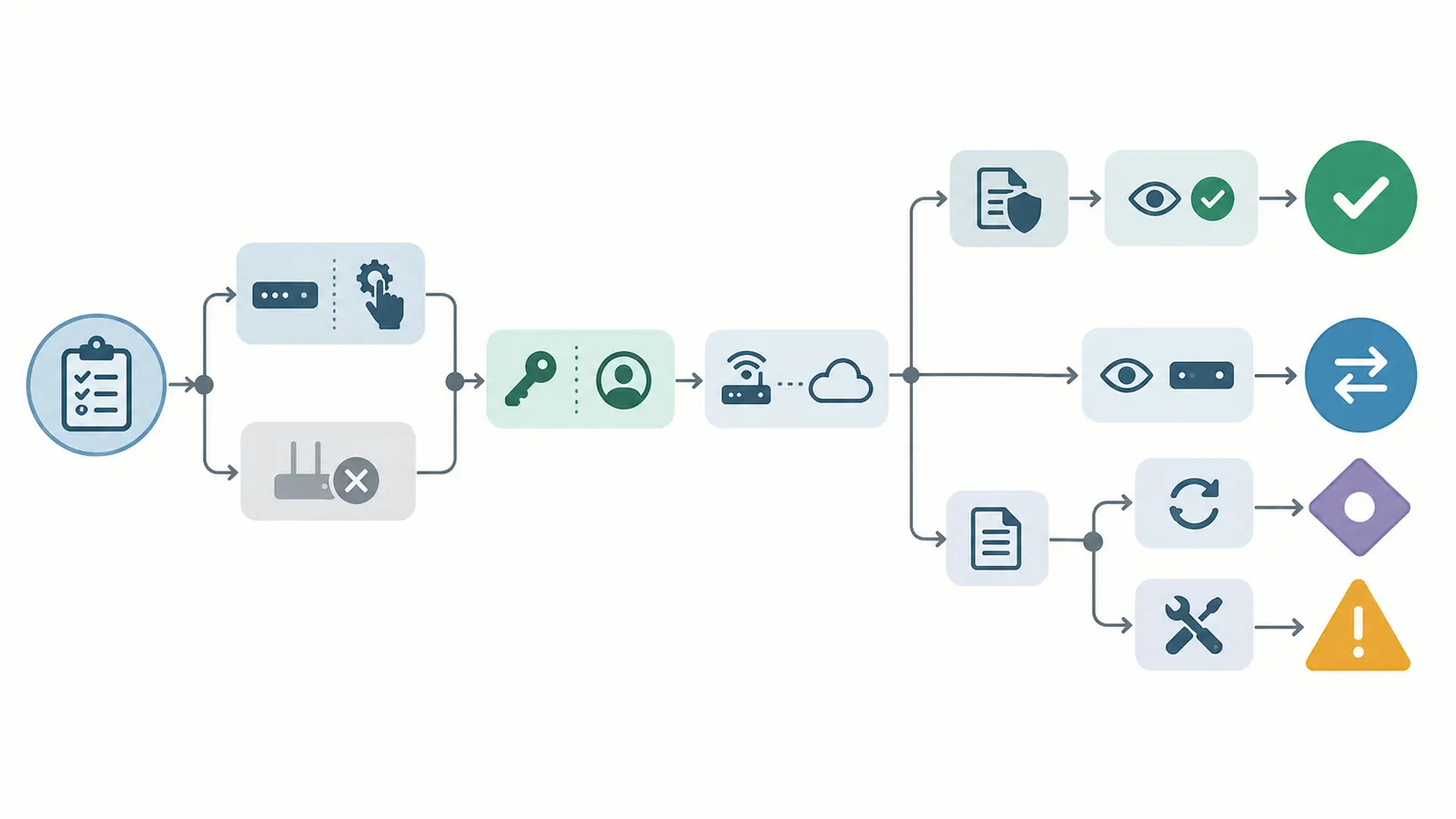 Decision map from baseline checks to accept, transfer, reset, document, or escalate