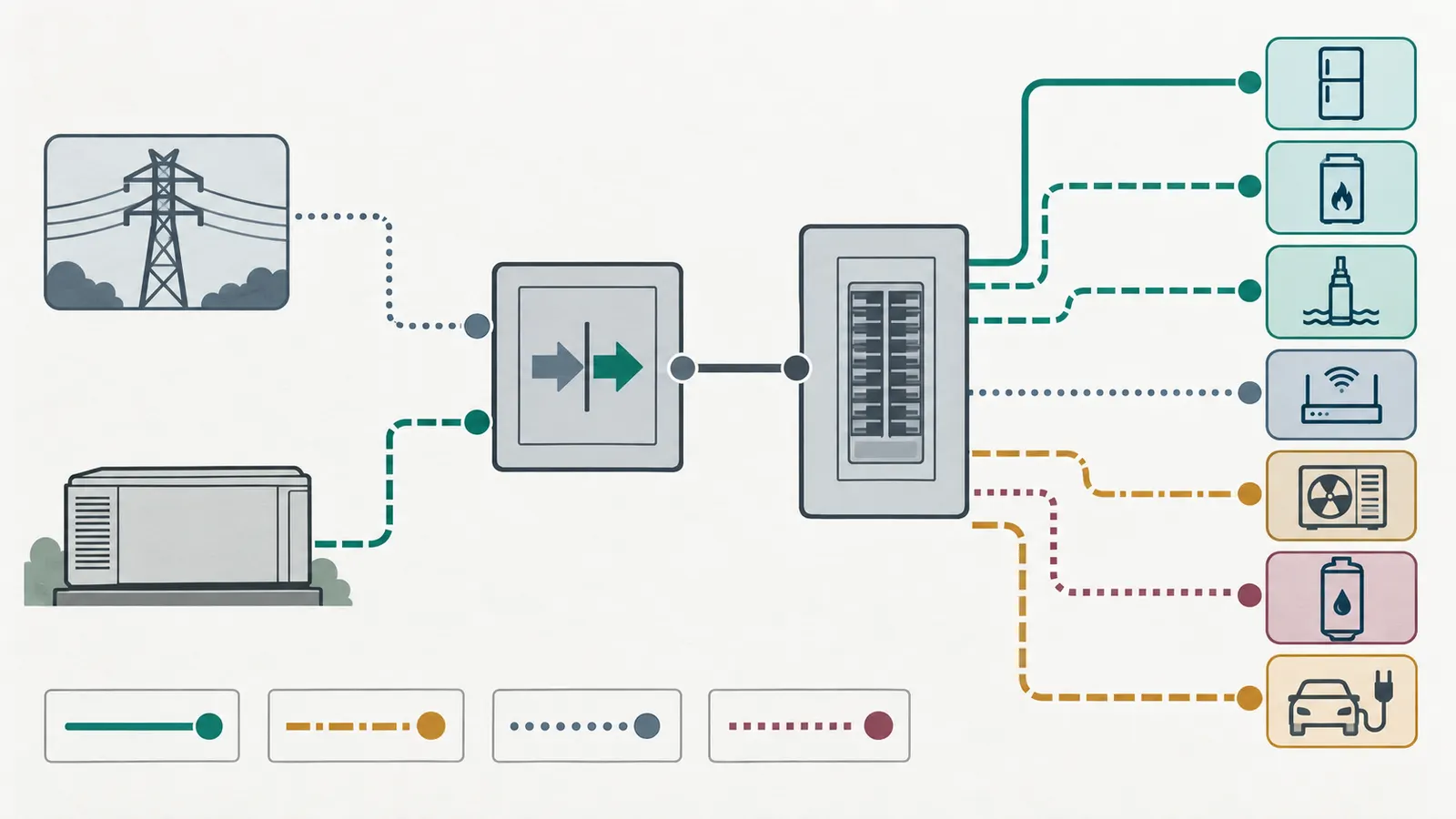 Annotated standby-generator circuit inventory linking transfer equipment to protected, shed, delayed and unknown household loads