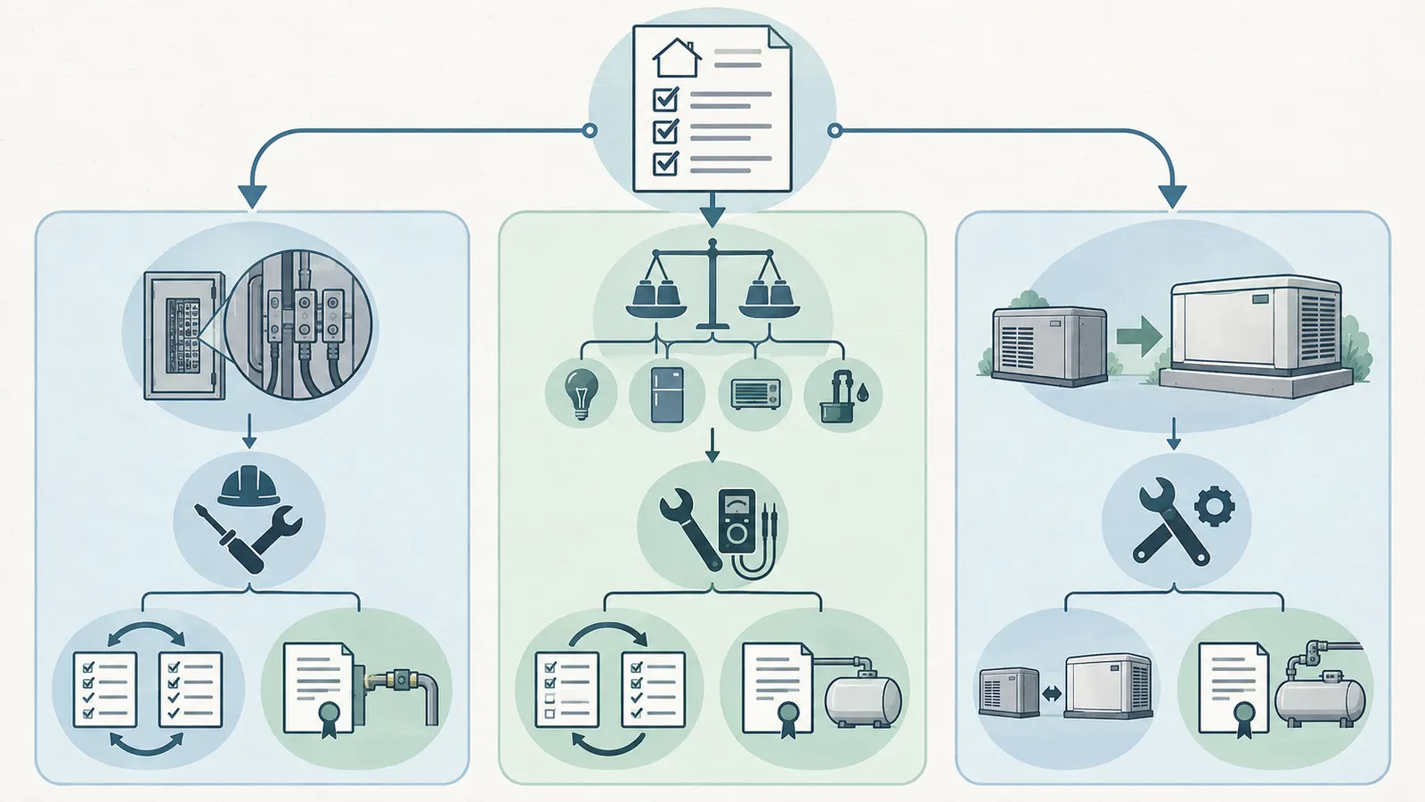 Three-way decision map separating service correction, capacity or load-management review, and replacement planning