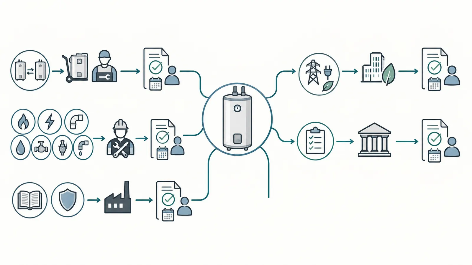 Routing map from water-heater discrepancies to installer, professional, manufacturer, utility, or AHJ