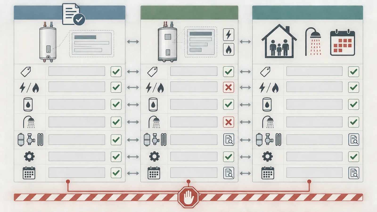 Comparison of approved model, installed rating plate, and household peak-use record