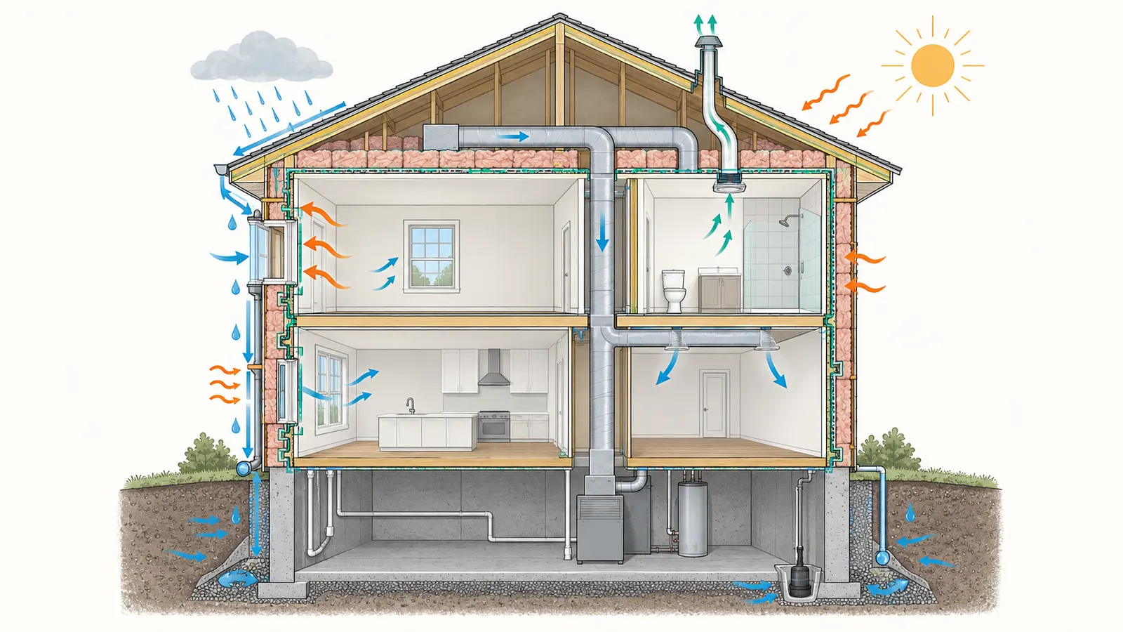 Cutaway of a house enclosure linking roof, wall, window, attic, ducts, and moisture paths