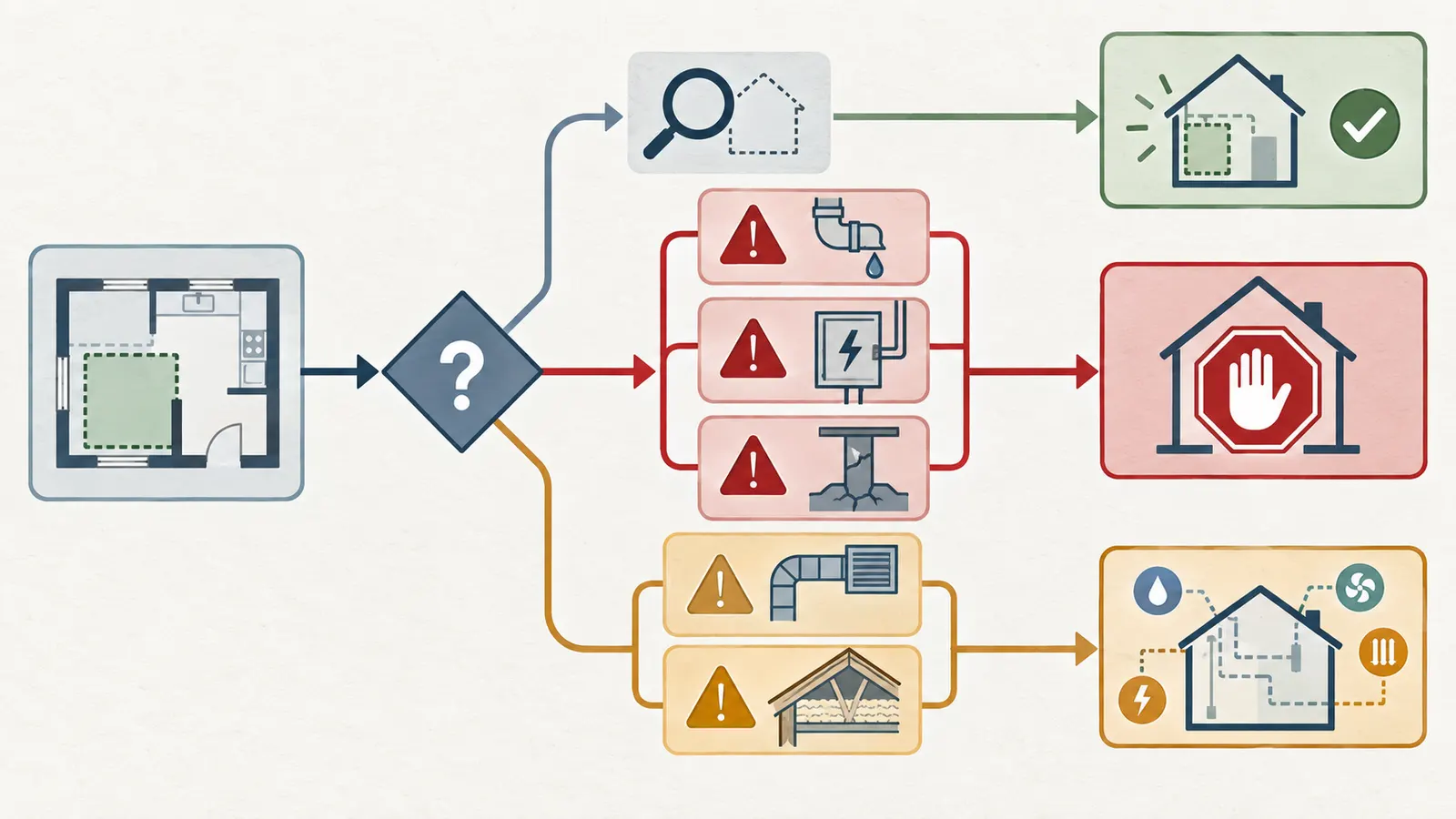 Decision map showing isolated repair, scoped systems review, or stop-and-make-safe branches