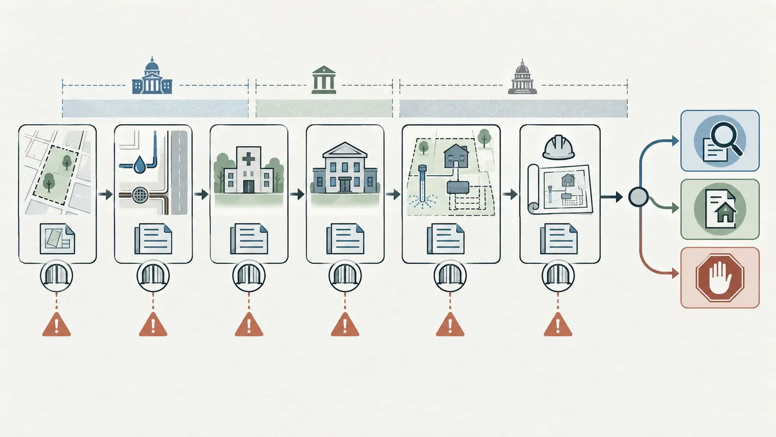 Decision map showing a vacant-lot well feasibility ledger moving from parcel identity to public water, site layout, professional review, and a keep, condition, or stop decision.