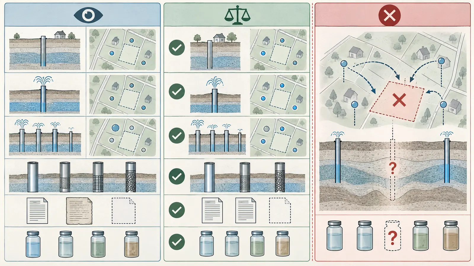 Comparison graphic separating nearby well-log observations from safe questions and unsafe predictions about a new parcel.