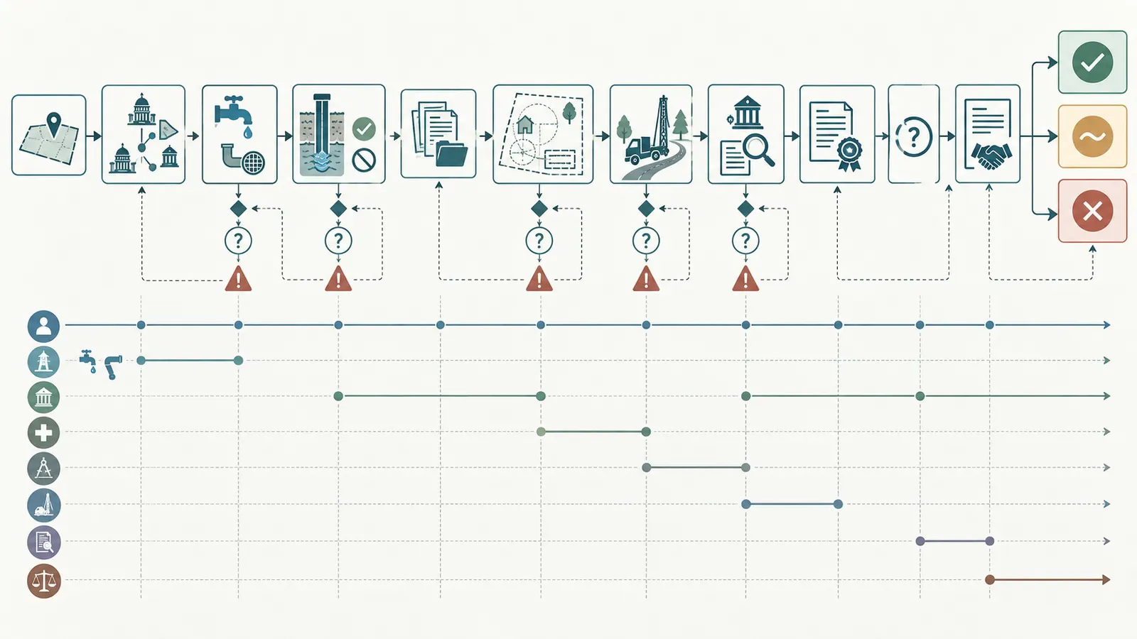 Pre-closing sequence from parcel verification and utility checks through local review, written feasibility, contract protection, and the final purchase decision.