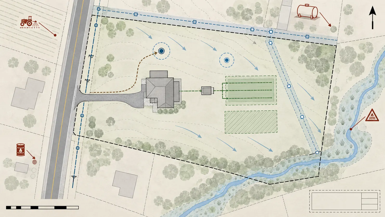 Scaled parcel diagram overlaying a candidate well, septic and reserve areas, house, driveway, drainage, easements, utilities, and drilling access.
