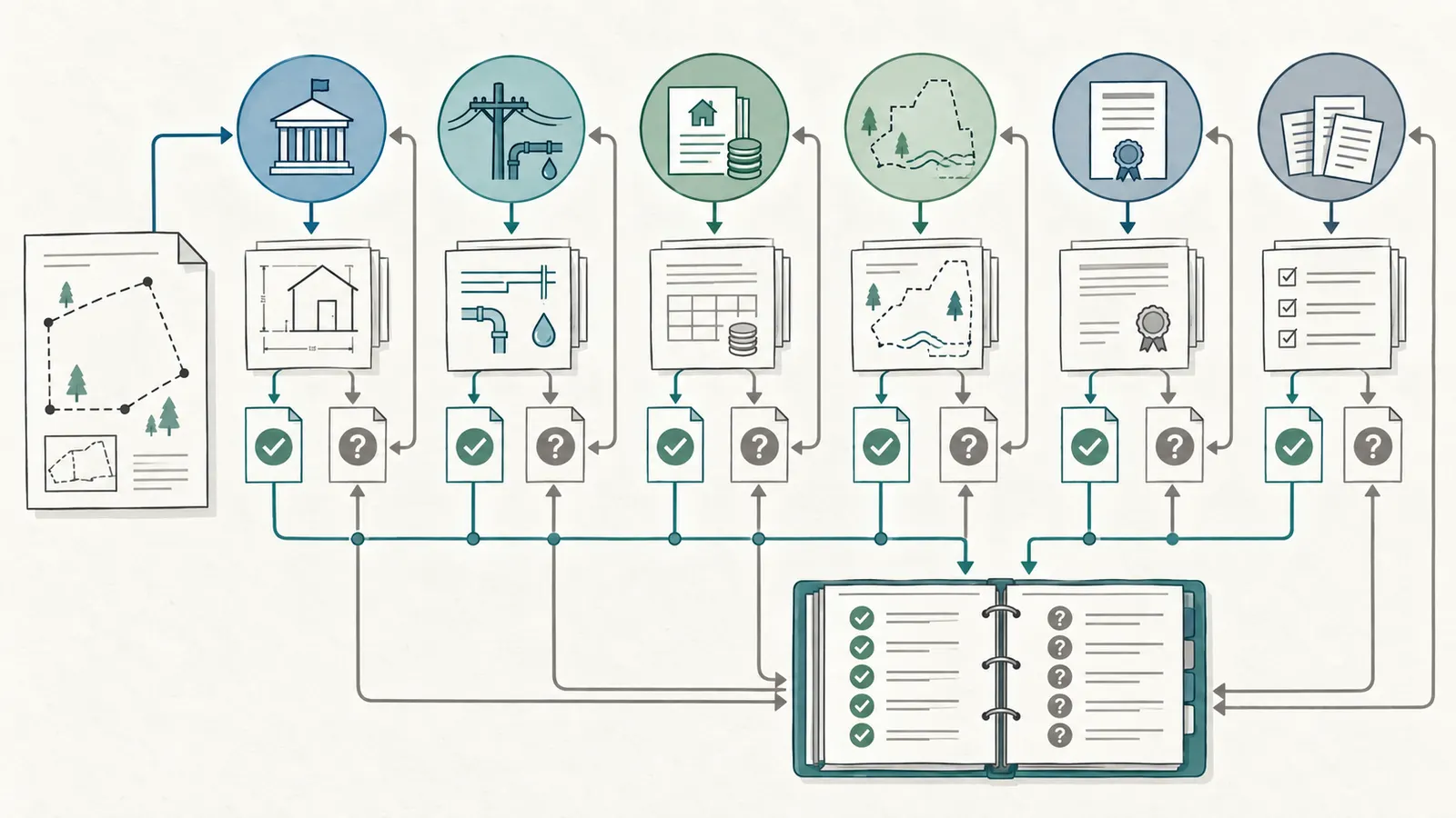 Parcel due-diligence handoff map from jurisdiction confirmation to agencies, title review, and contract decision