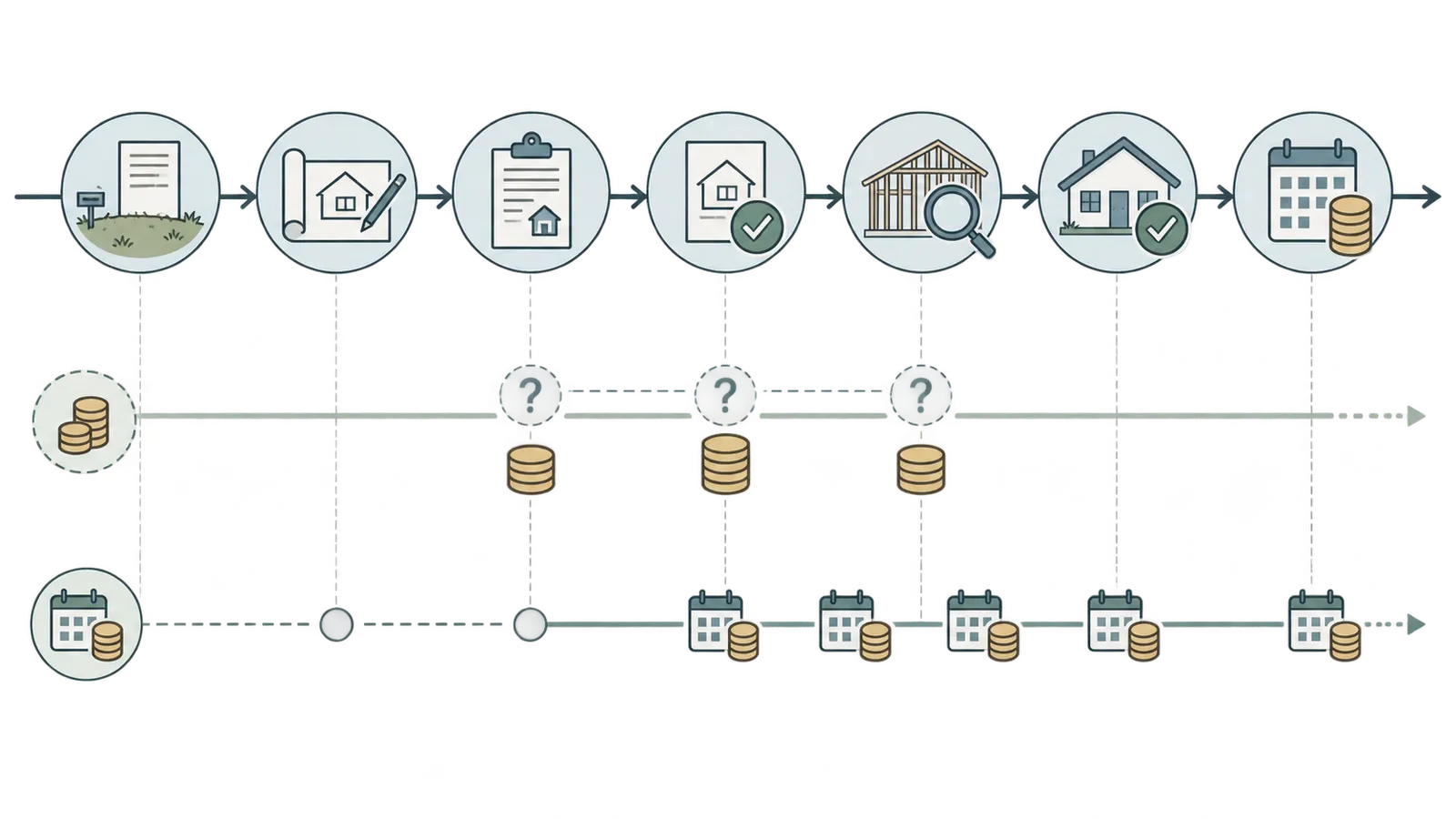 Illustrative cash-timing diagram separating closing, permit, inspection, occupancy, and annual assessment dates