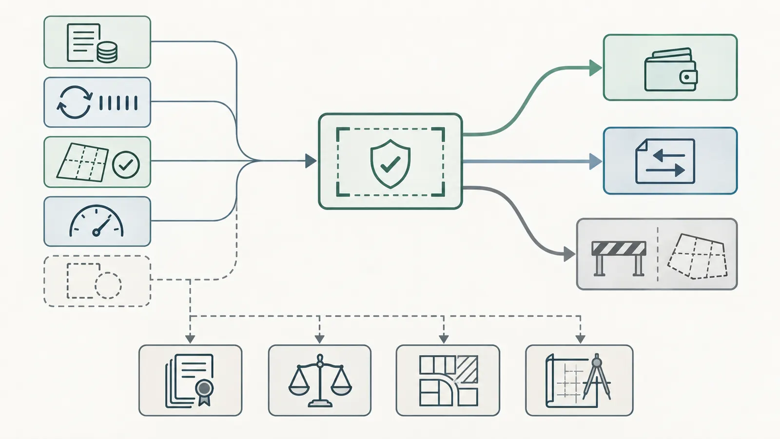 Decision map connecting a completed public-charge register to proceed, renegotiate, pause, or walk away