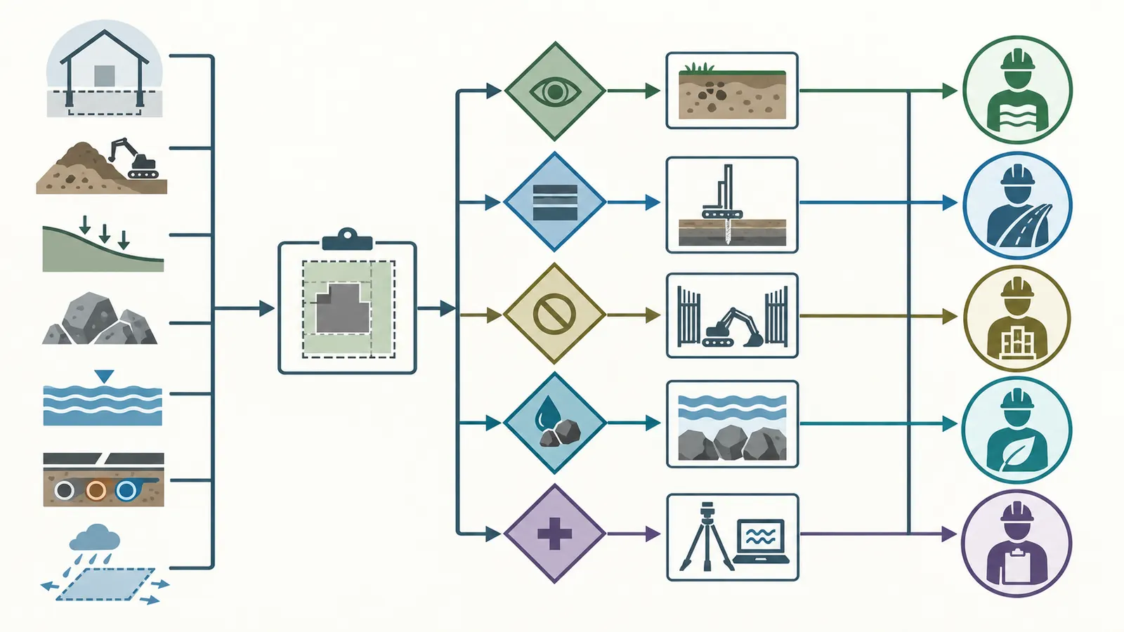 Decision map connecting house and site inputs to test-pit, boring, or supplemental-work questions.