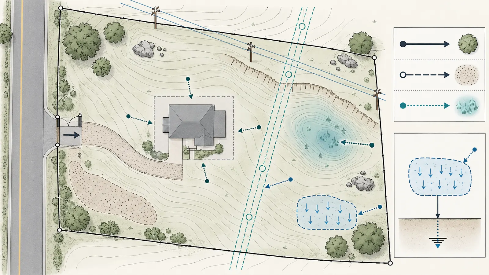 Annotated vacant-lot plan showing a proposed house, access, utilities, slope, water, and separate stormwater area.