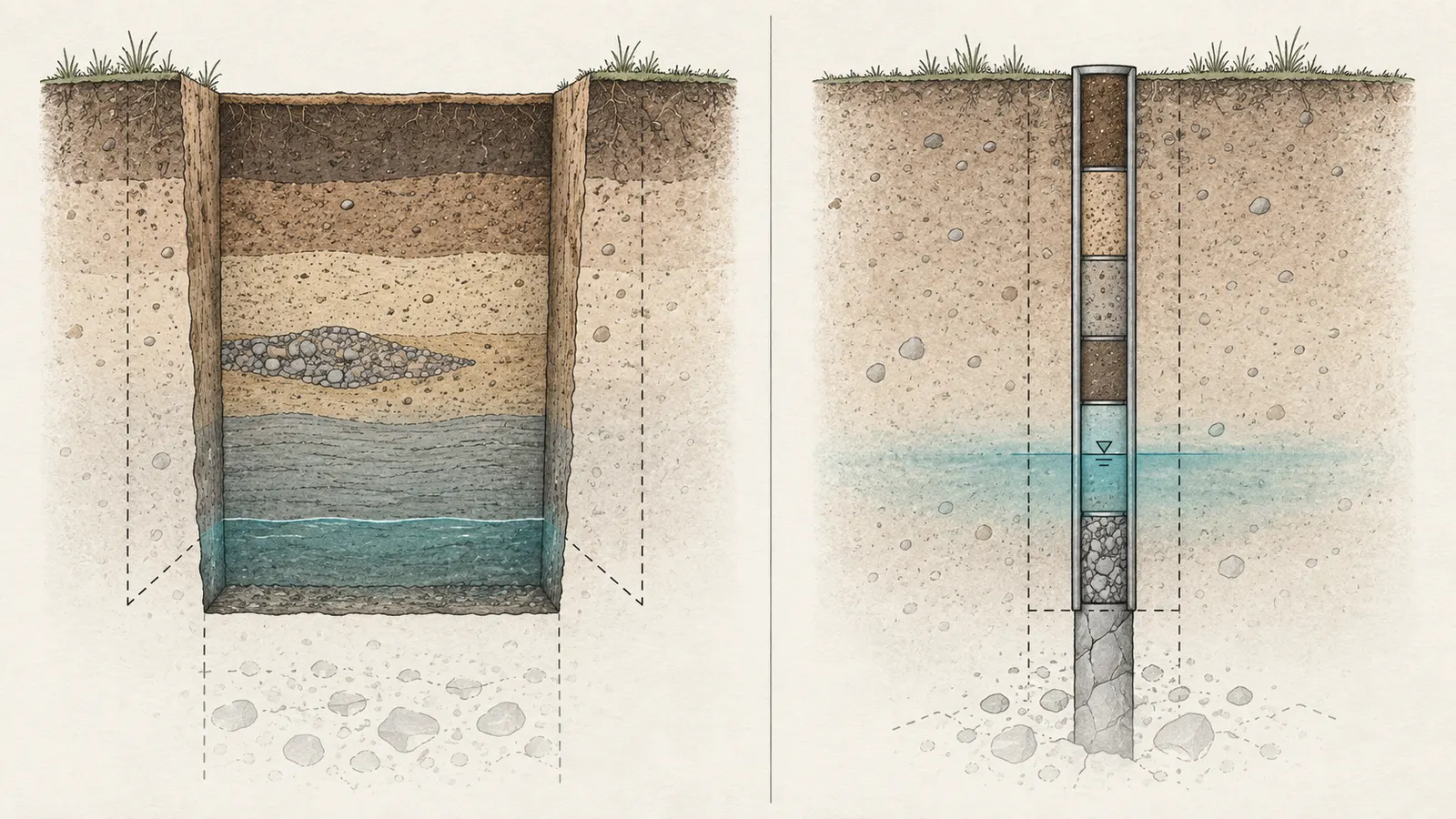 Side-by-side conceptual comparison of a test pit's open profile and a boring's narrow sampled record.