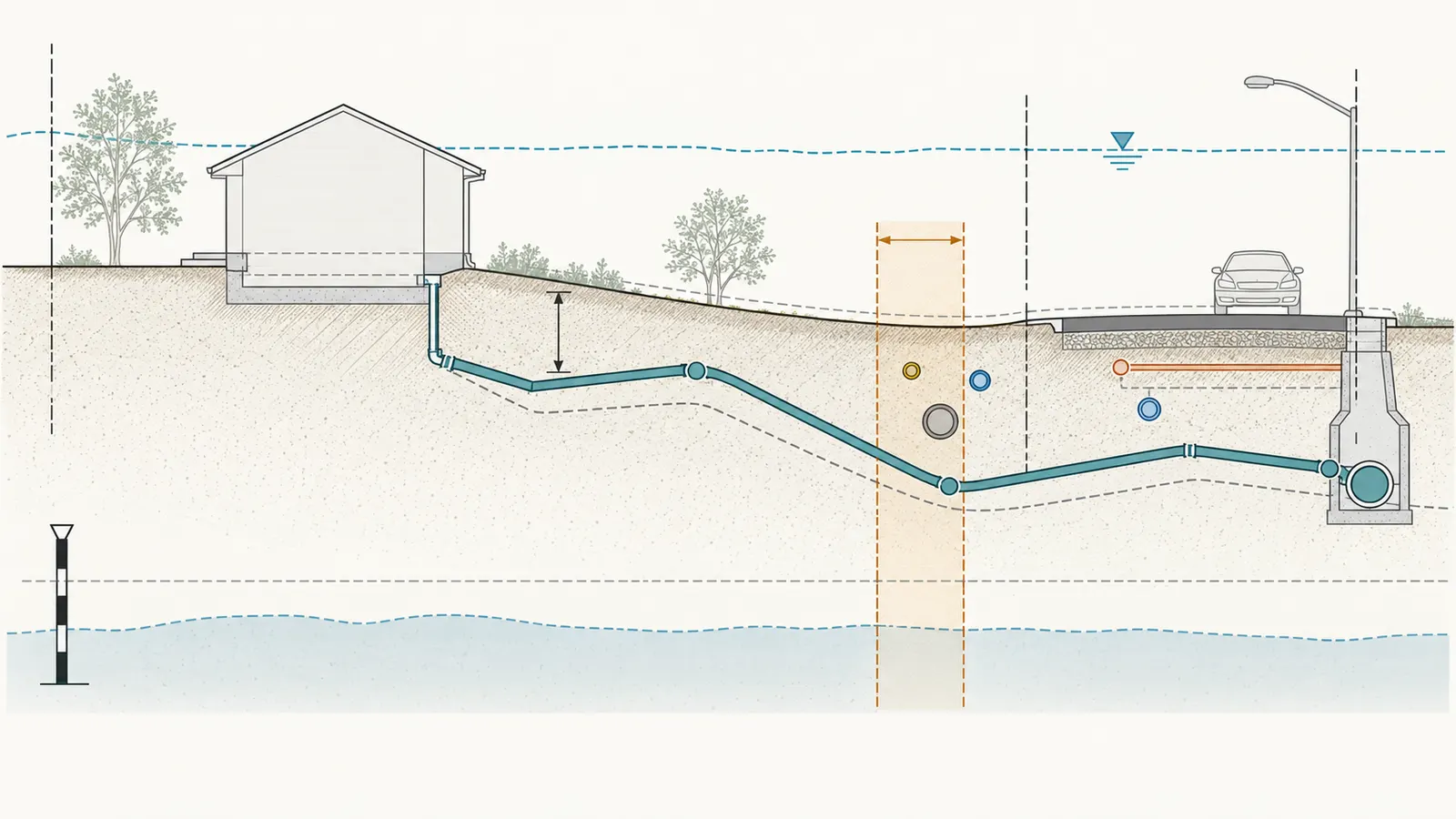 Annotated lot profile showing house sewer exit, route high points, public connection invert, cover and flood elevation