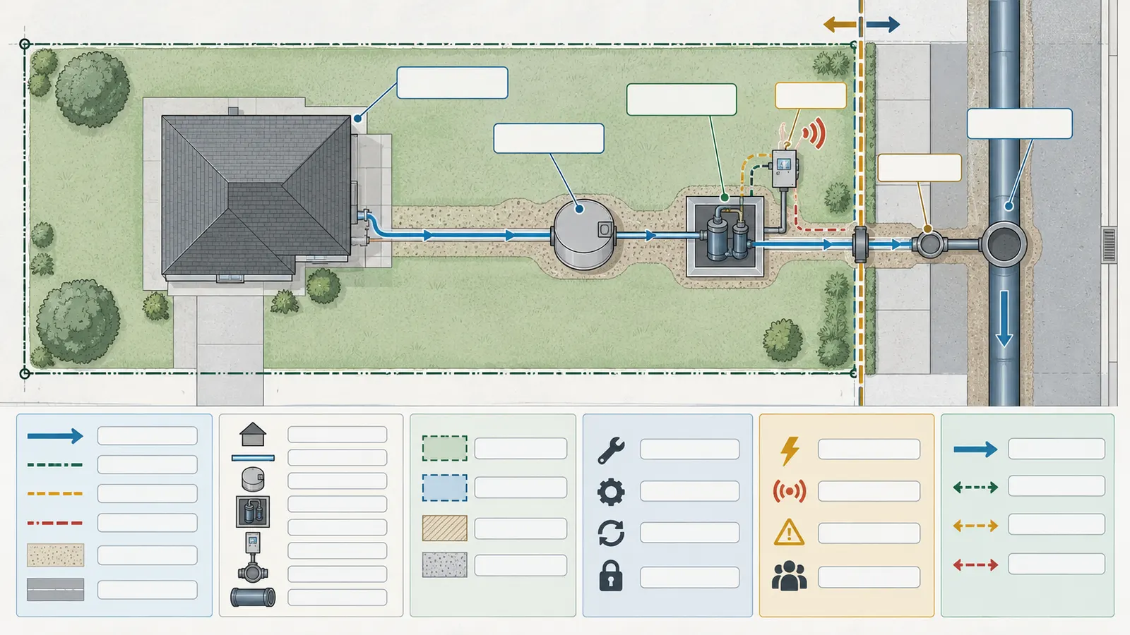 Responsibility map separating homeowner, utility and shared obligations for sewer equipment, power, alarms and repairs