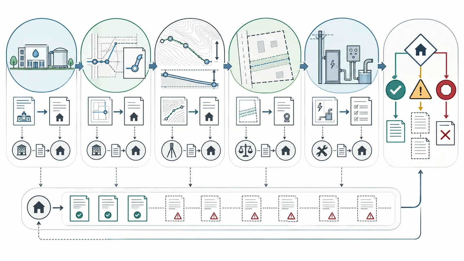 Six-step sewer purchase diligence sequence from utility identity through written acceptance and closing decision