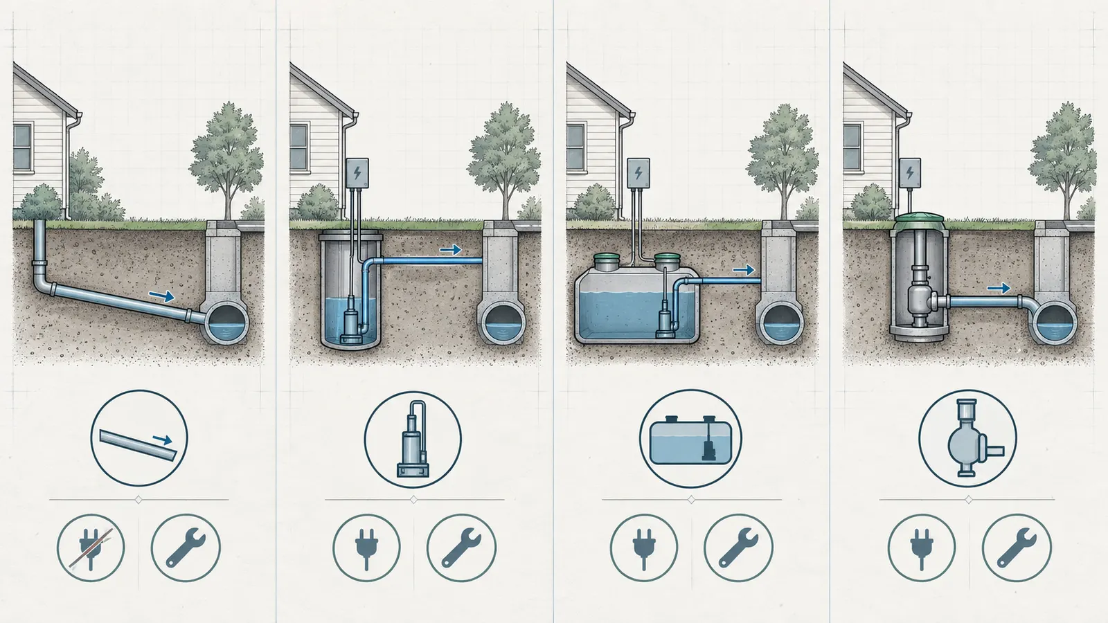 Technical comparison of gravity, grinder-pump, STEP and vacuum sewer paths from a home lot to a public main
