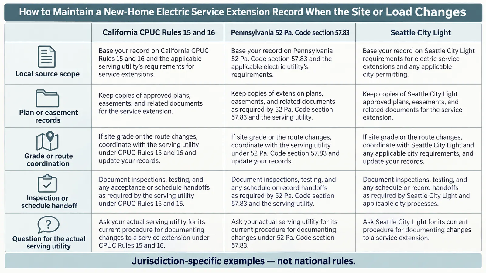 Comparison of California, Pennsylvania and Seattle electric-service record controls with local-scope cautions
