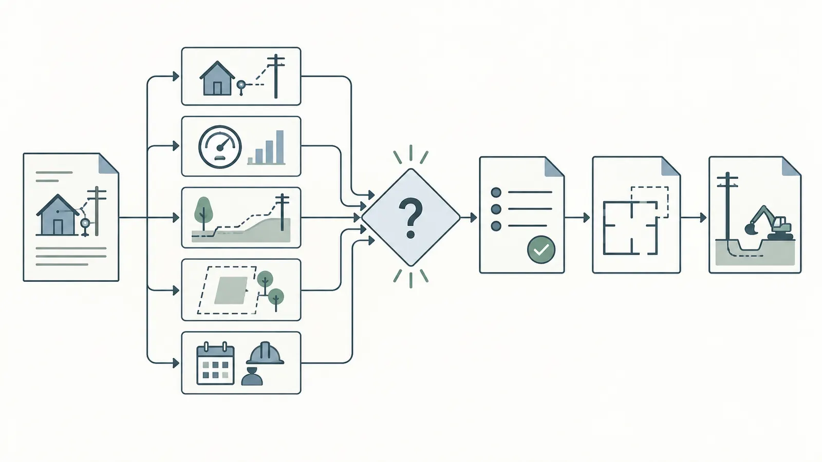 Decision map showing how a home-site or electrical-load change moves from baseline comparison to utility review and work release