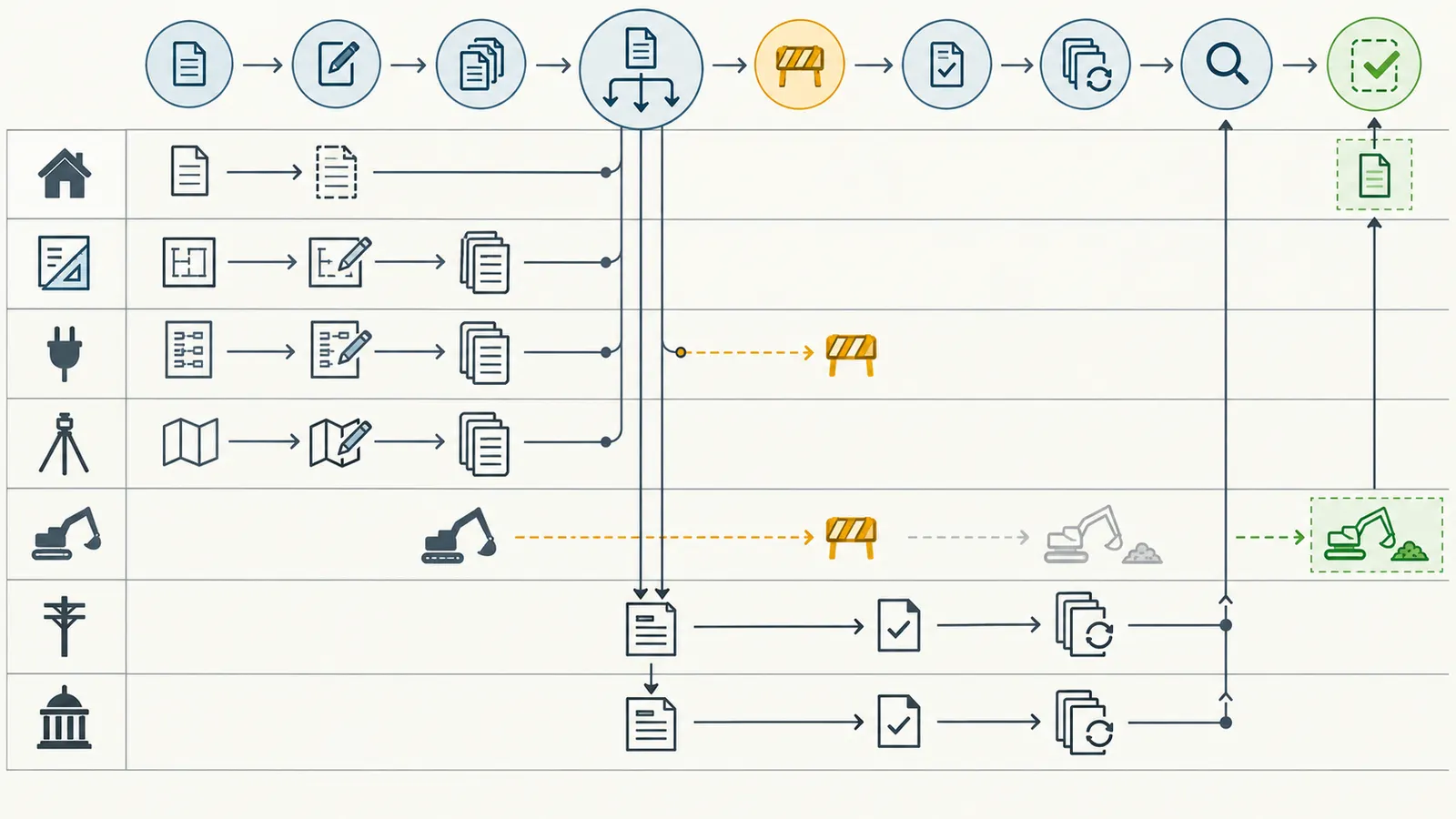 Handoff sequence from homeowner change capture through designer updates, utility review, permit checks and construction release