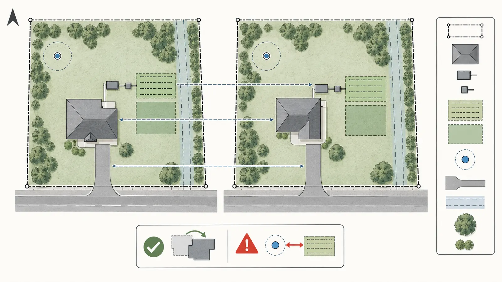 Comparison overlay of an issued septic approval and revised house plan showing the parcel, house, tank, drainfield, reserve area, well, driveway and easements