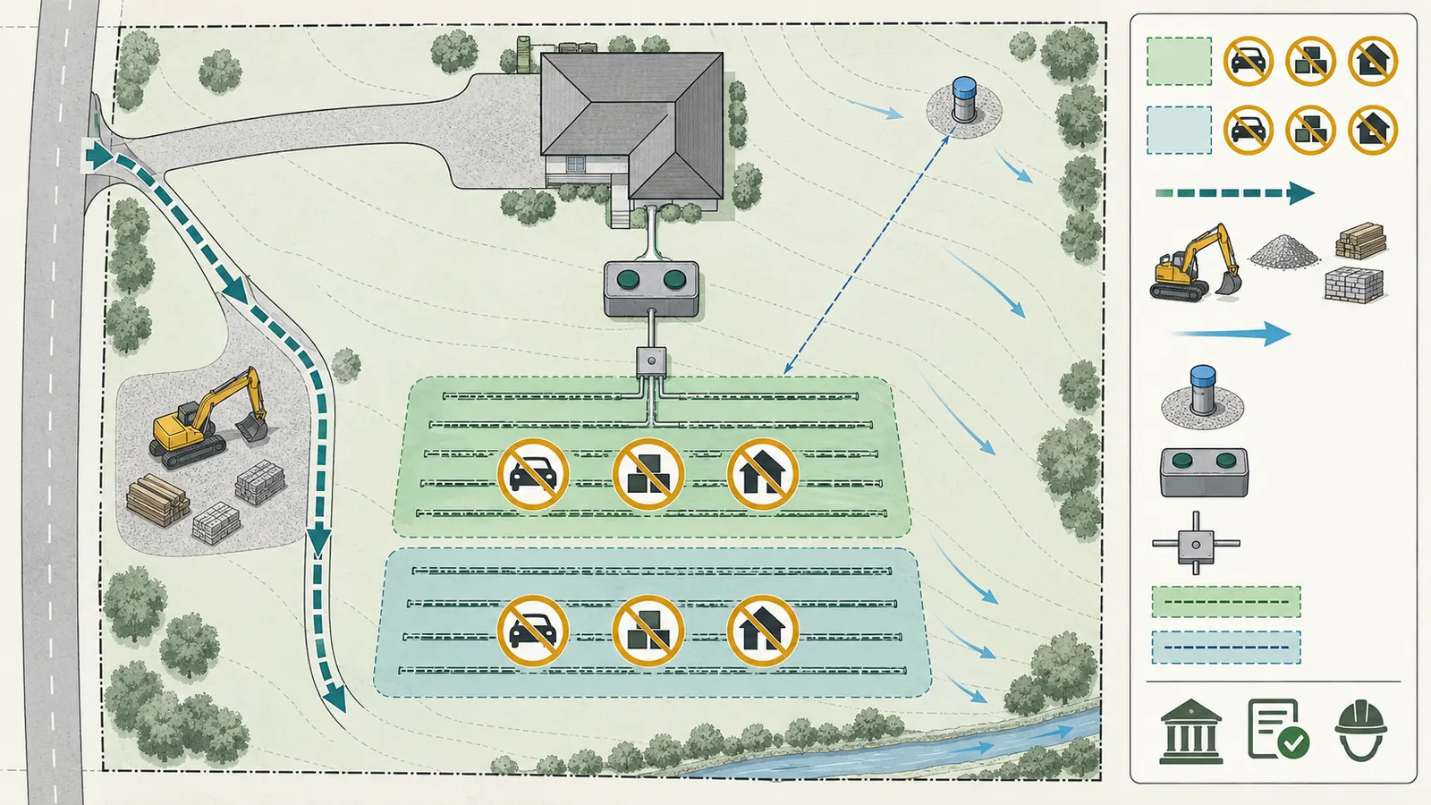 Labeled septic site diagram showing protected primary and reserve areas, tank access, house, well, driveway and construction no-drive zone