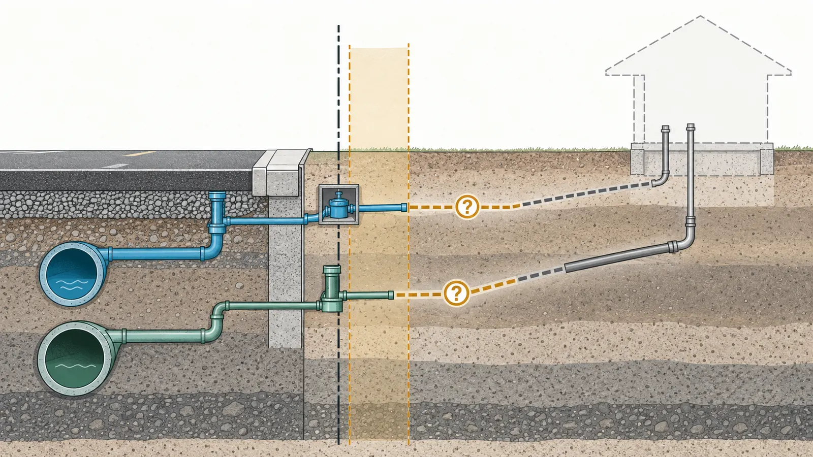 Cutaway from public main to vacant-lot house showing tap, spur, meter, lateral, easement, and responsibility boundaries