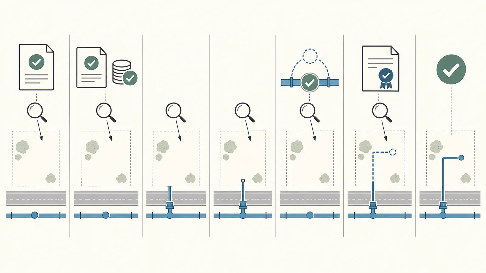 Comparison ladder separating payment, tap, spur, reservation, will-serve letter, and connected service statuses