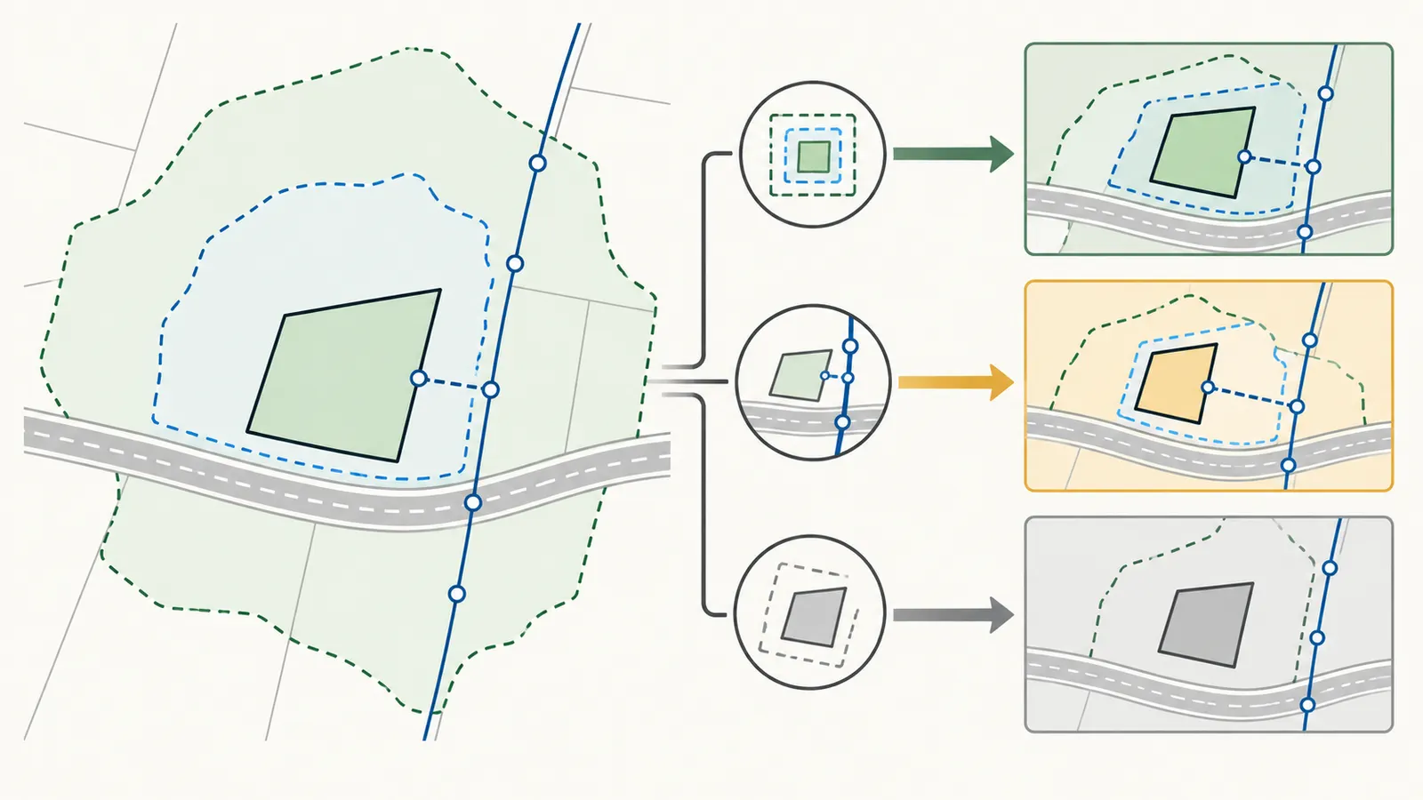 Annotated parcel decision map showing a service boundary, sphere, main, road crossing, and three classification outcomes.