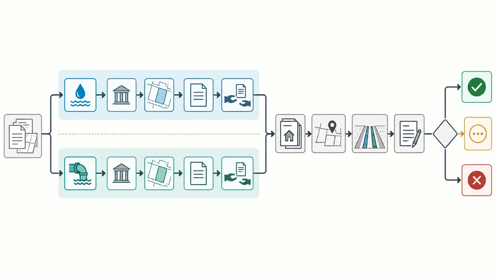 Workflow from APN packet to authority response, route review, offer condition, and closing decision.