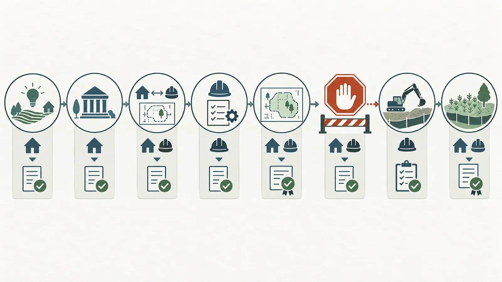 Handoff sequence from site concept and authority review through field verification and closeout