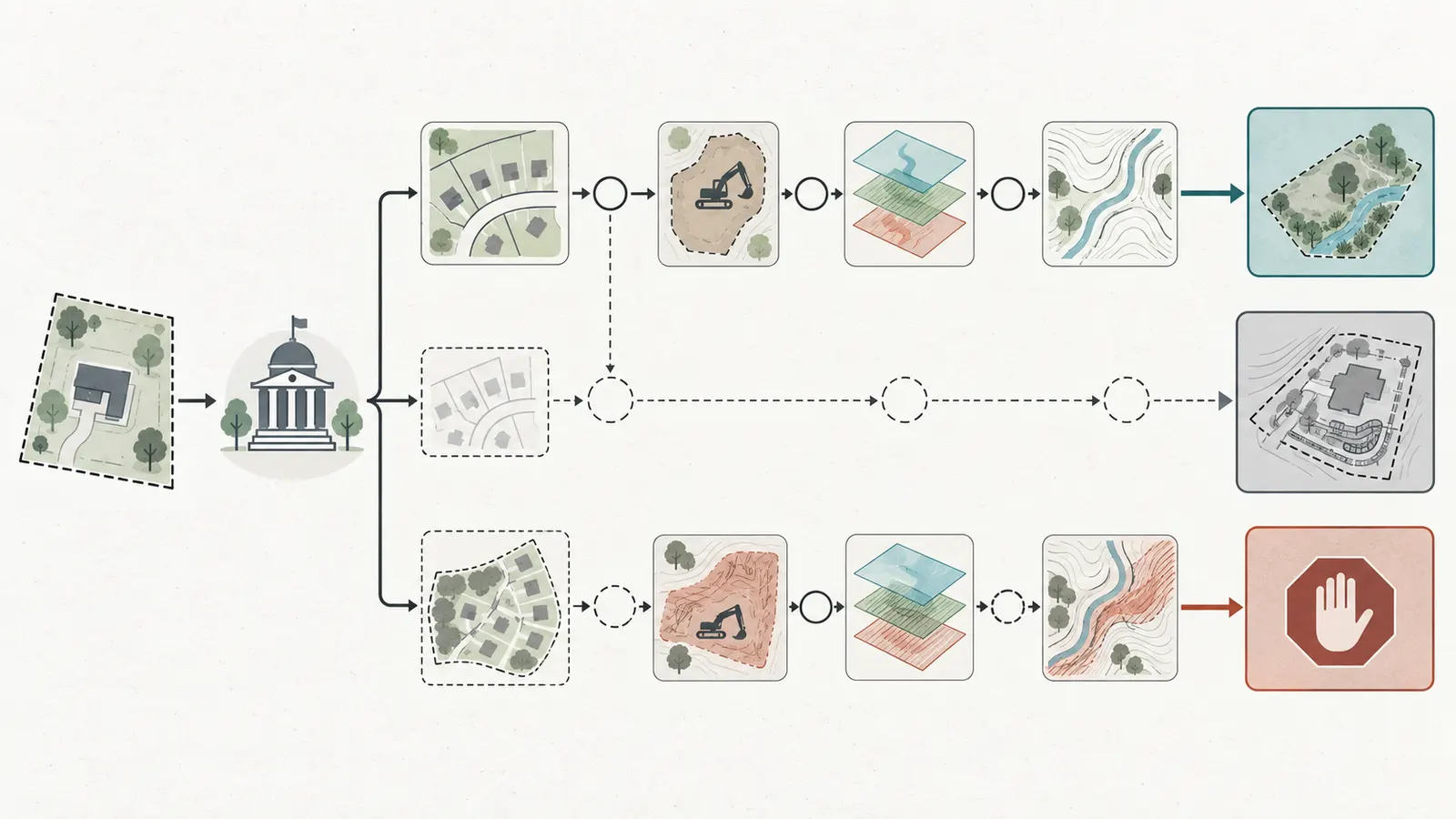 Decision map connecting parcel context, common plan, disturbance, and reviewing authority