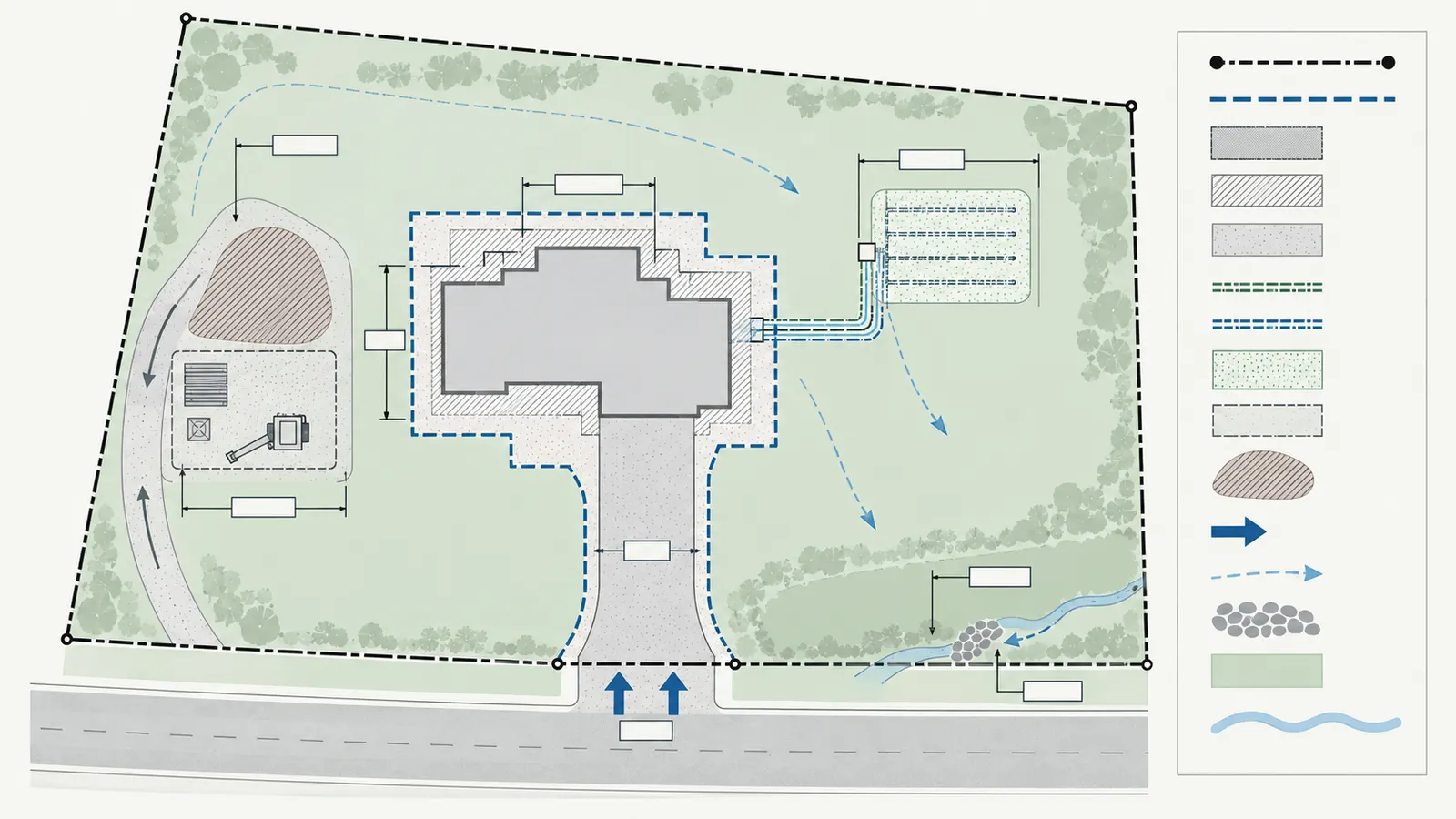 Annotated vacant-lot plan showing the complete limit of disturbance and counted work areas