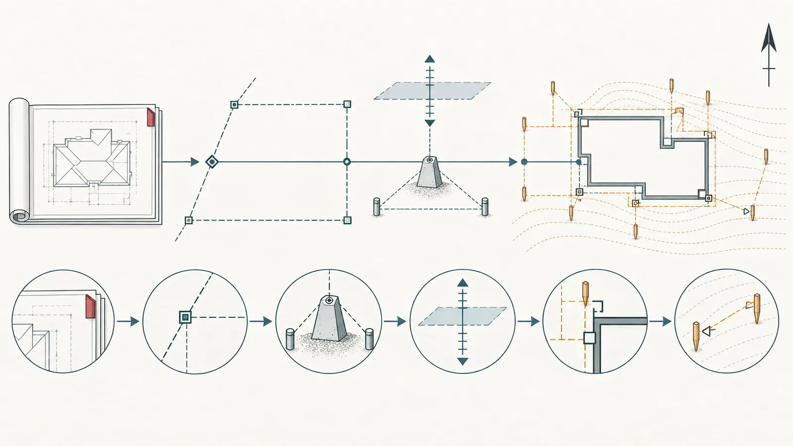Diagram tracing an approved plan through horizontal control, benchmark datum and labeled field marks.