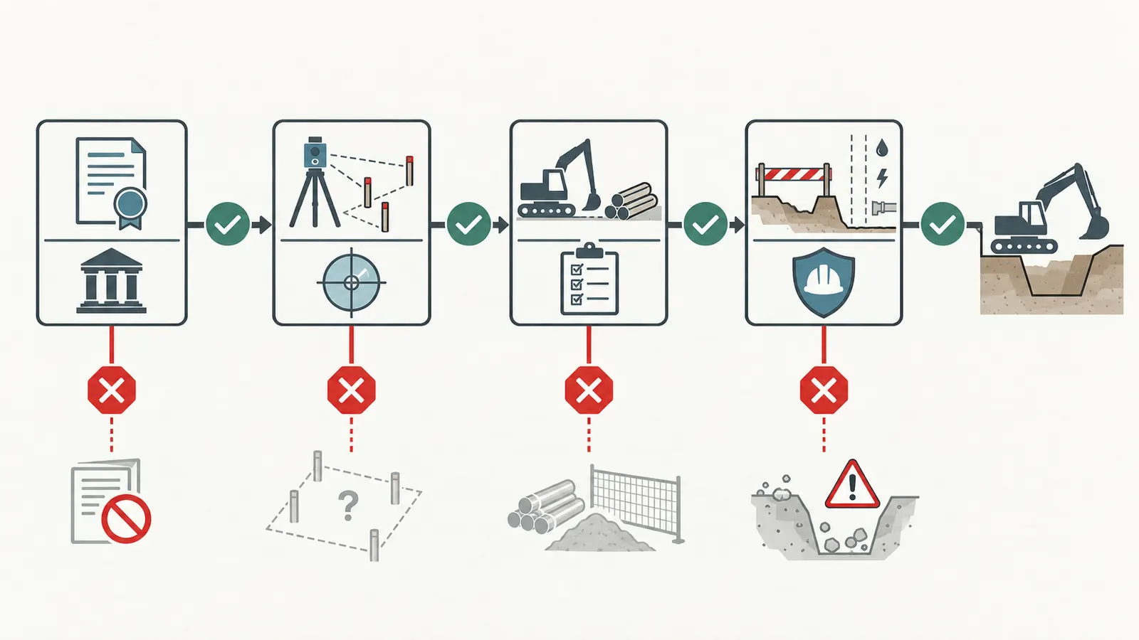 Decision map showing the permission, control, field-readiness and safety gates before excavation release.