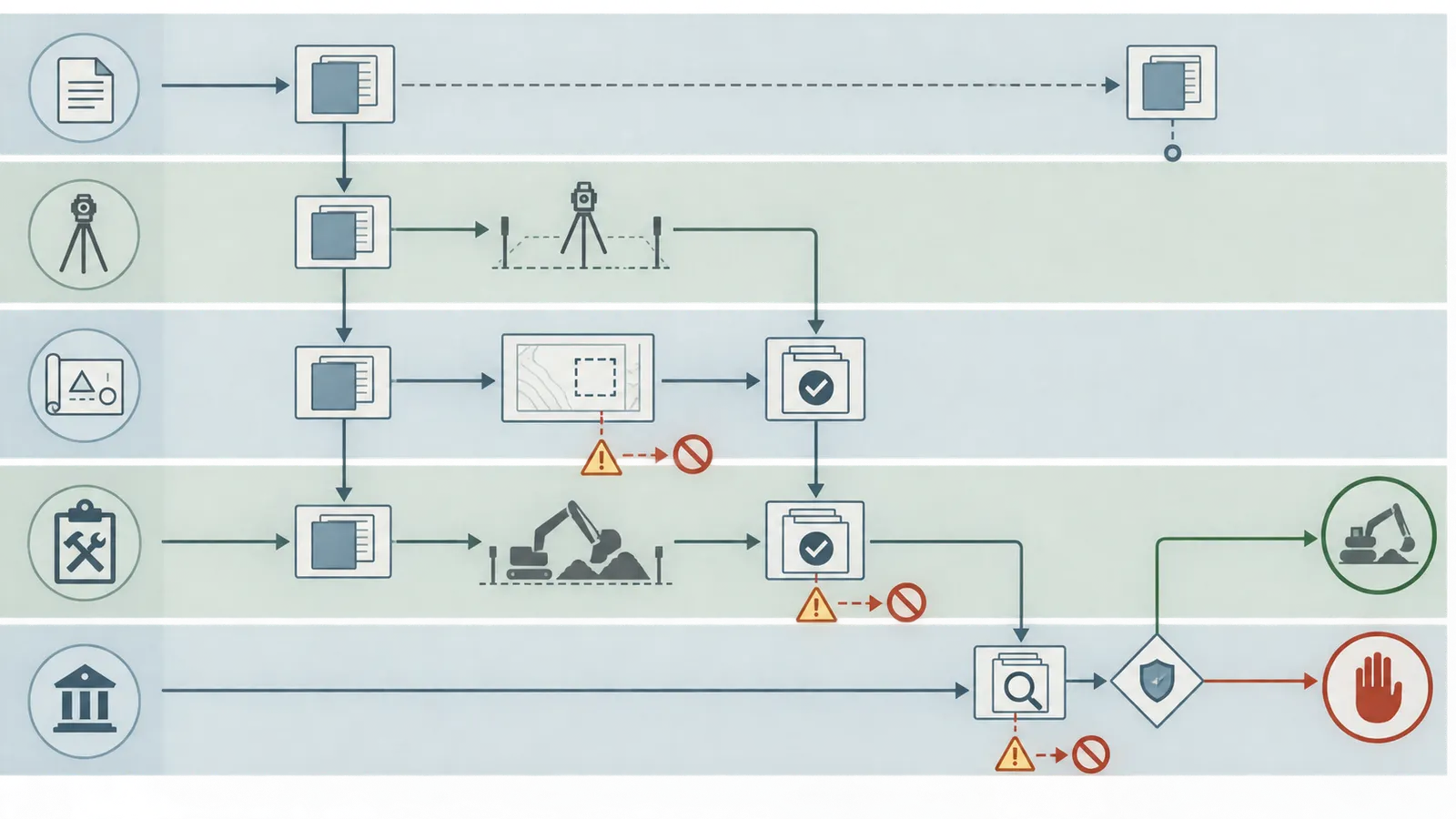 Swimlane diagram showing owner, surveyor, designer, builder and authority responsibilities at release.
